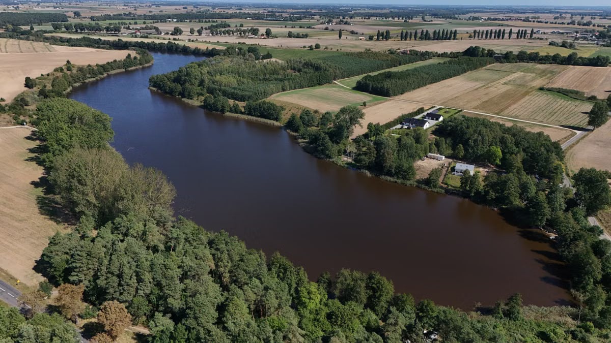 A stunning aerial view of a rural river landscape with lush greenery and open fields.